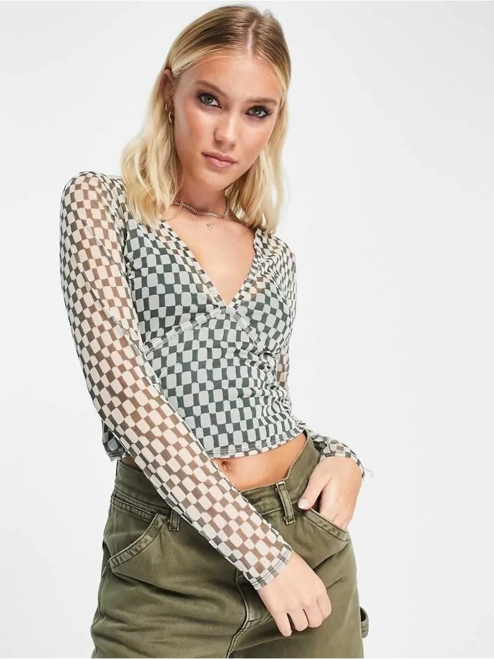 Abercrombie & Fitch Checkered Mesh Long Sleeve Crop Top Green Size Small